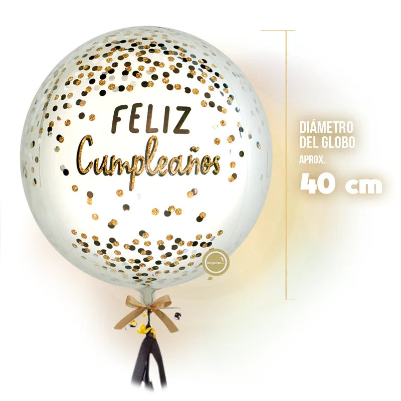 Globo ORBZ de 15" - Black Silver Gold Feliz Cumpleaños