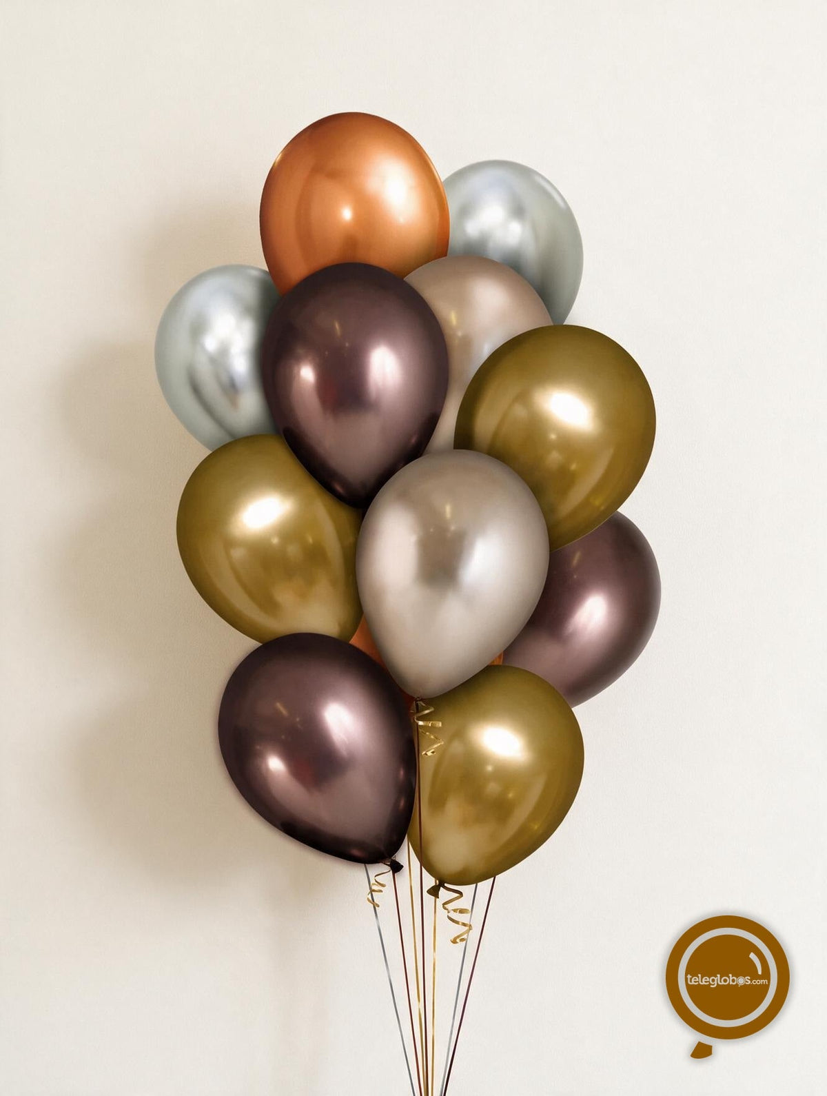 12 Globos de Látex Cromo Inflados con Helio 11" (Plata, Champagne, Trufa, Cobre y Dorado)