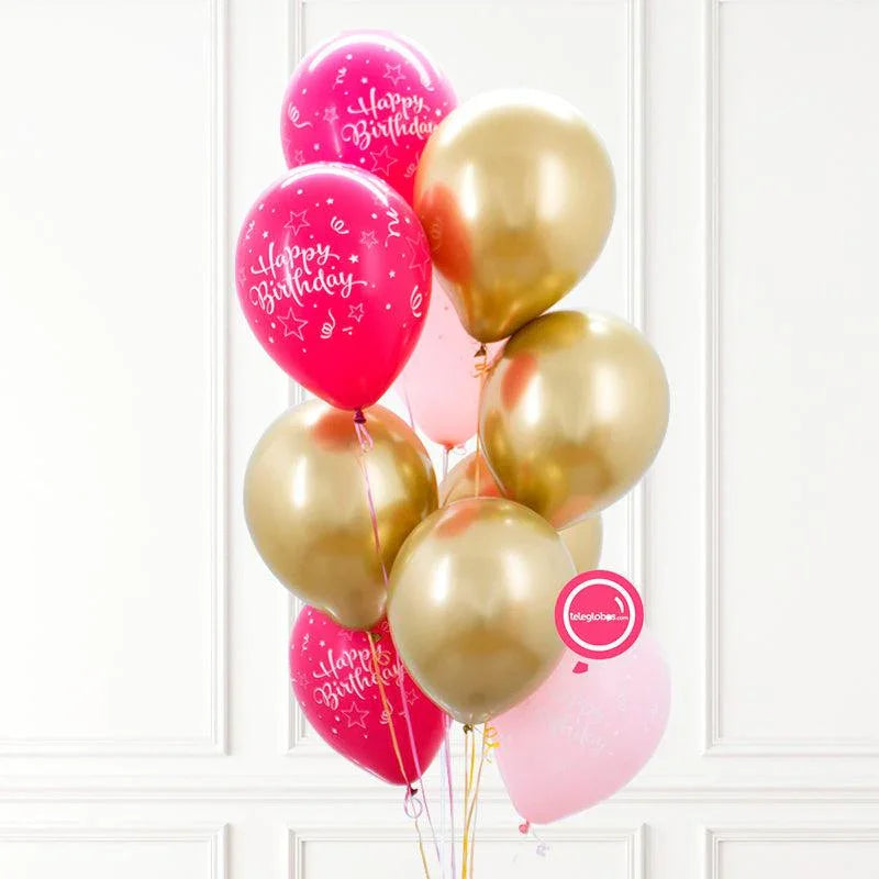 10 Globos Látex con helio -Birthday Rosas y Cromo-.