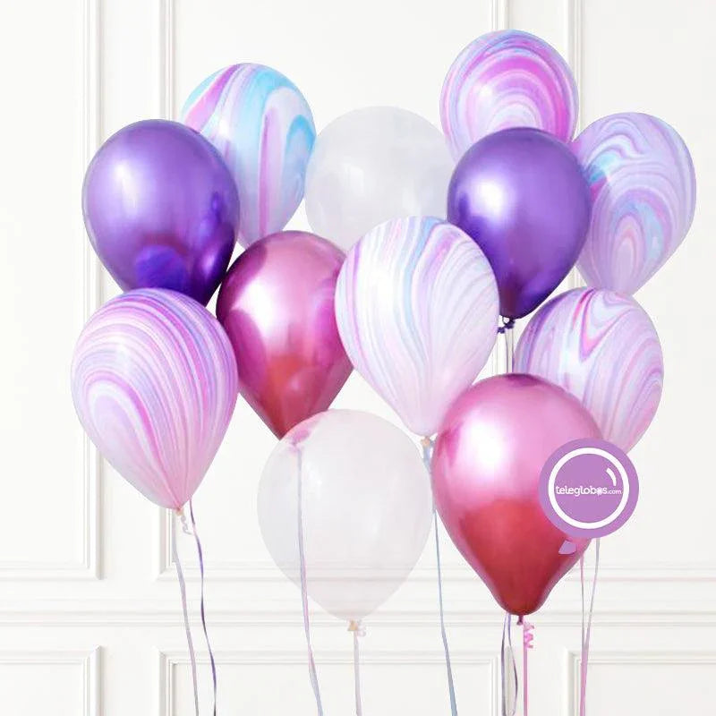 12 Globos Látex con helio Ágata, Cromo y Transparente.