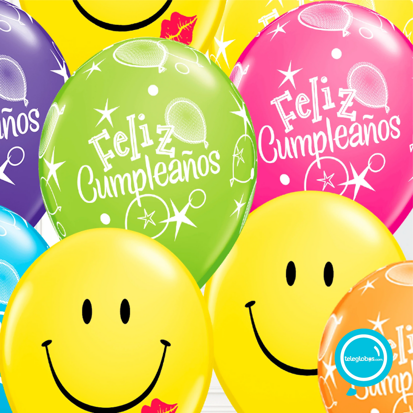 12 globos inflados con helio -Feliz cumpleaños y caritas con besitos- Bio* -RAC011-.