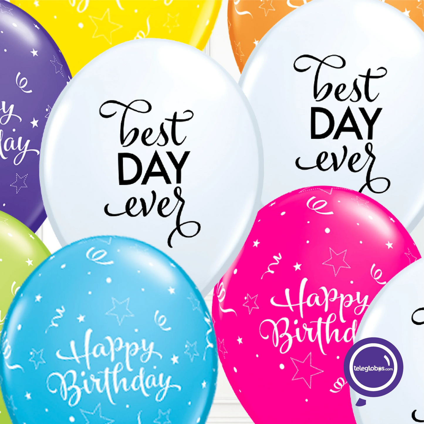 12 globos inflados con helio -Serpentinas Best Day Ever- Bio* -RAC006-.