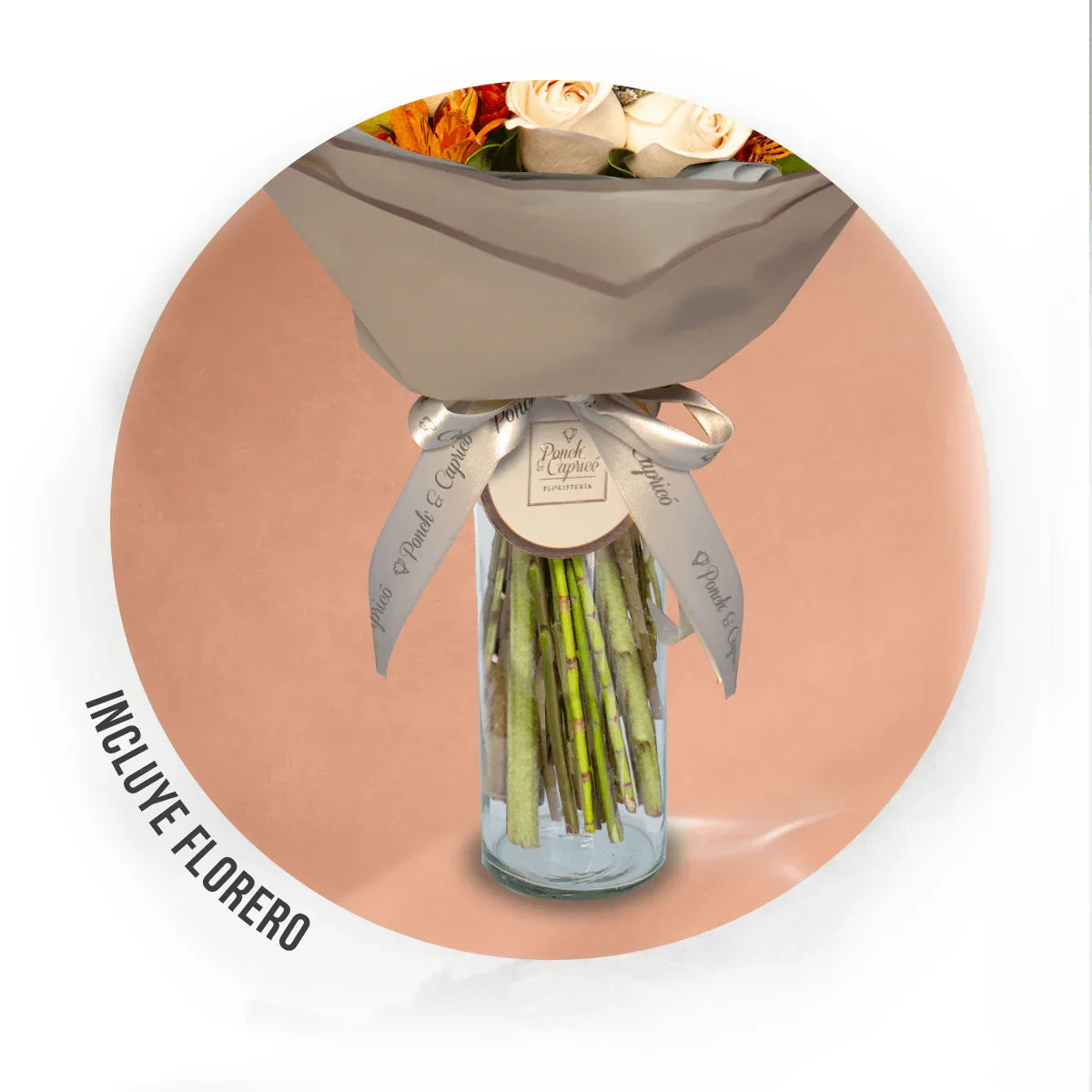 Rosa Señorita, Mini Rosa Naranja, Gerbera y Lisianthus Crema -ALA009-