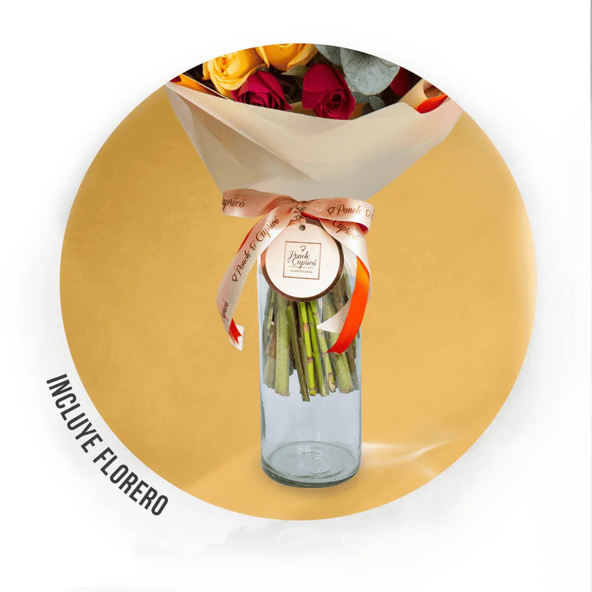 Ramo de flores de Rosas Amarillas, Rosas Coral, Mini Rosas y Eucalipto Rojo Preservado -ALA017-