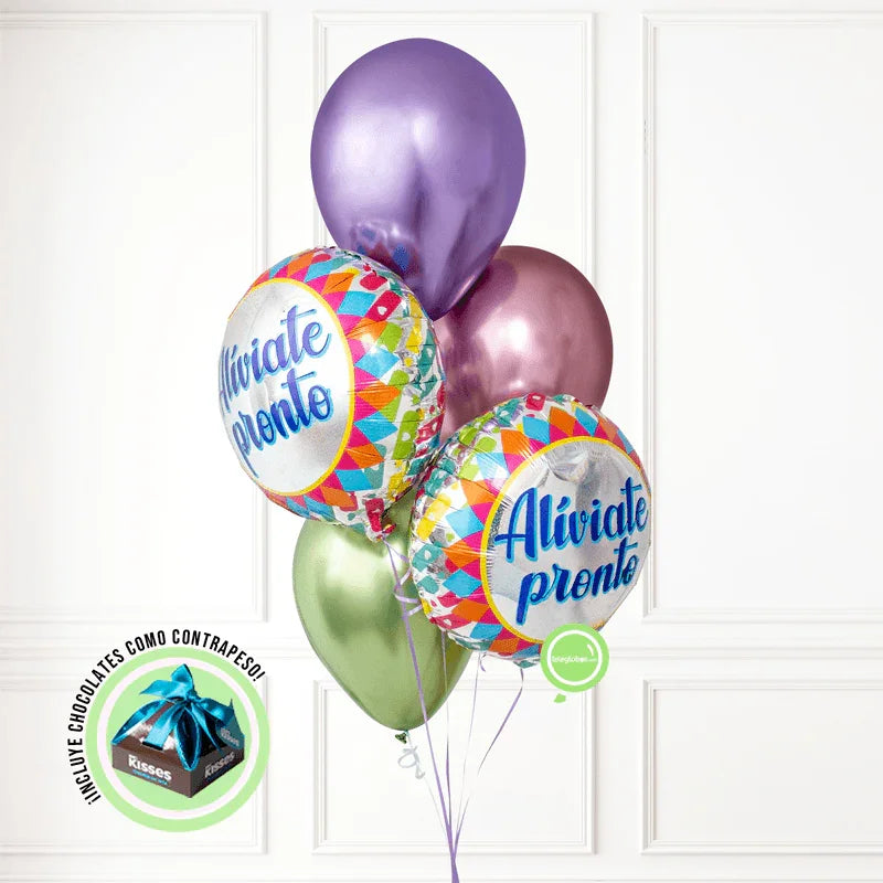 Blumenarrangement aus Sonnenblumen, Rosen, Mini-Rosen und Rubina mit „Gute Besserung“-Ballonstrauß -SET045-