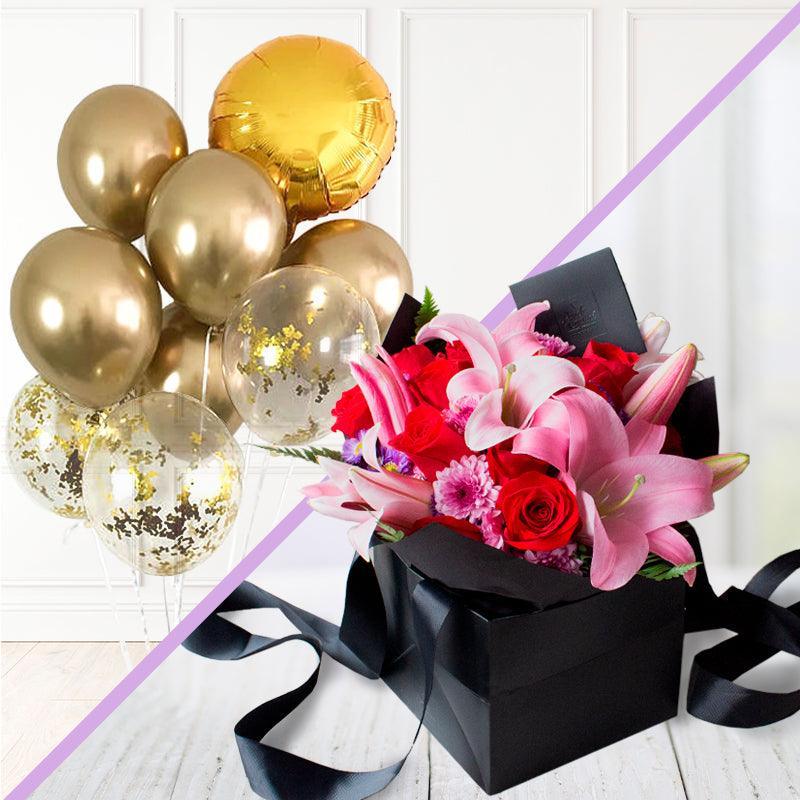 粉红百合、红玫瑰和蒙特卡西诺花束,配有 9 个镀铬气球和氦气五彩纸屑 -SET020-