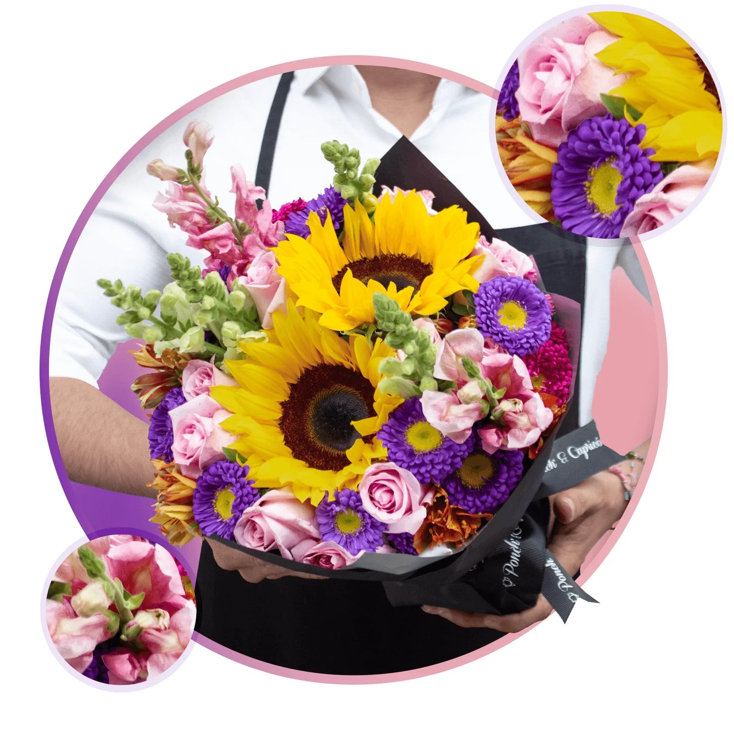 Bouquet de Girasol, Rosa Caricia Rosada y Dragón Amarillo Perrito