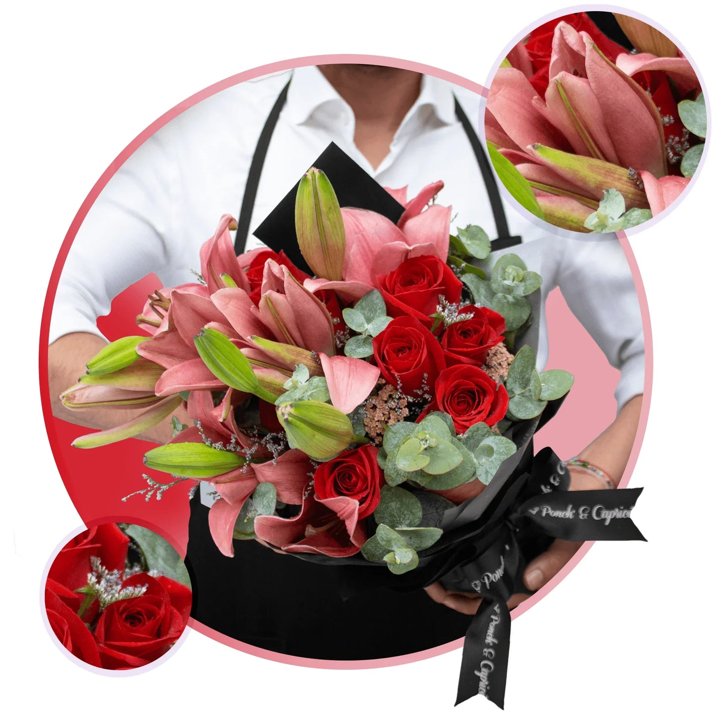 Bouquet de Rosas Rojas, Lillies y Aquilea