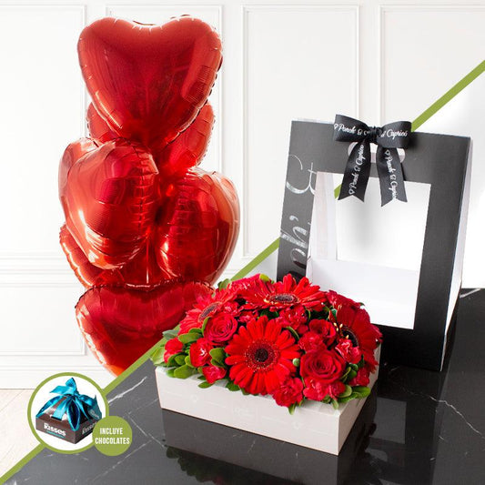 Flores en caja tipo Canasta de Gerberas y Rosas Rojas con 6 Globos de Corazones y Chocolates -SET001-