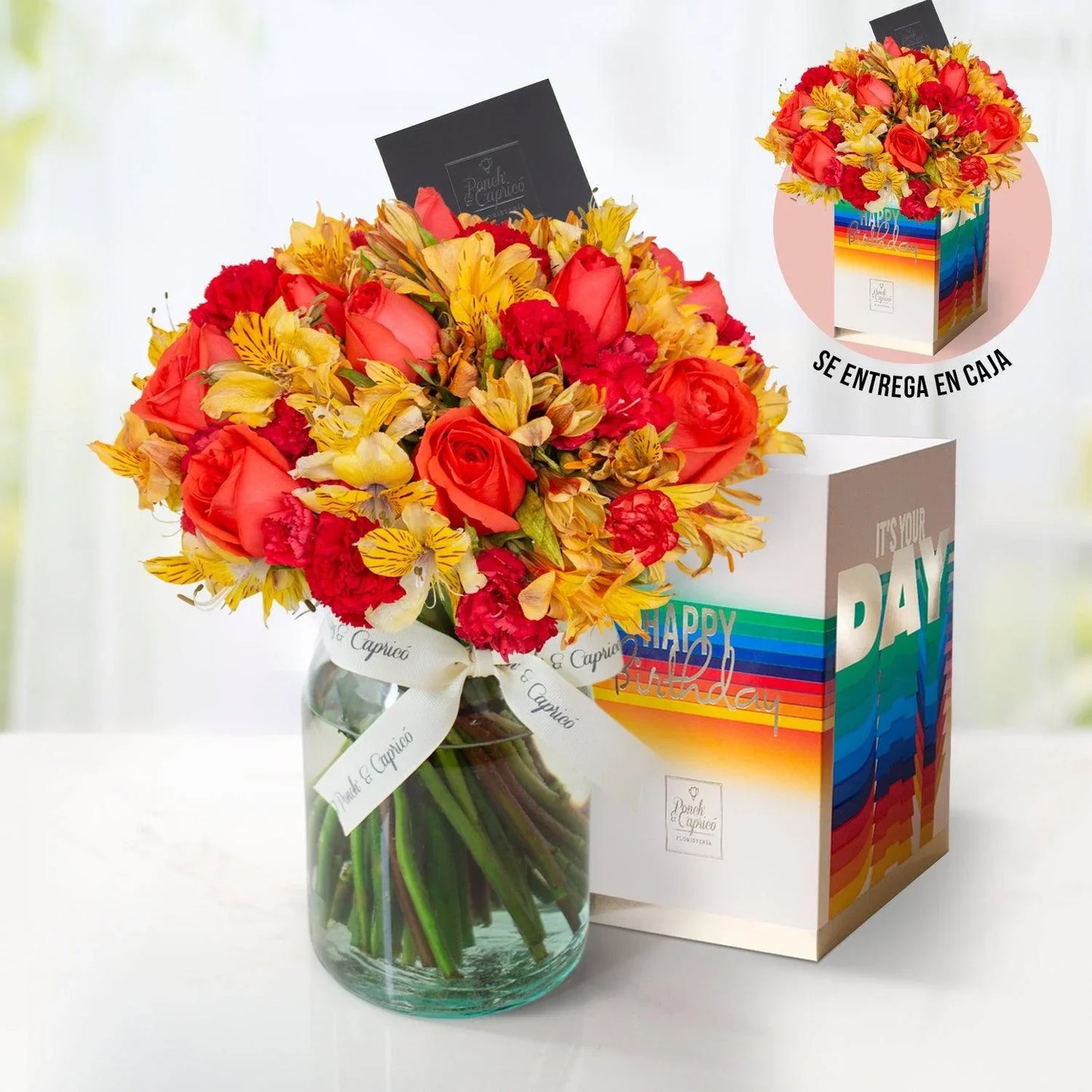 Arreglo floral de 12 Rosas Naranjas, Clavellinas y Alstromelias Amarillas -GI012-