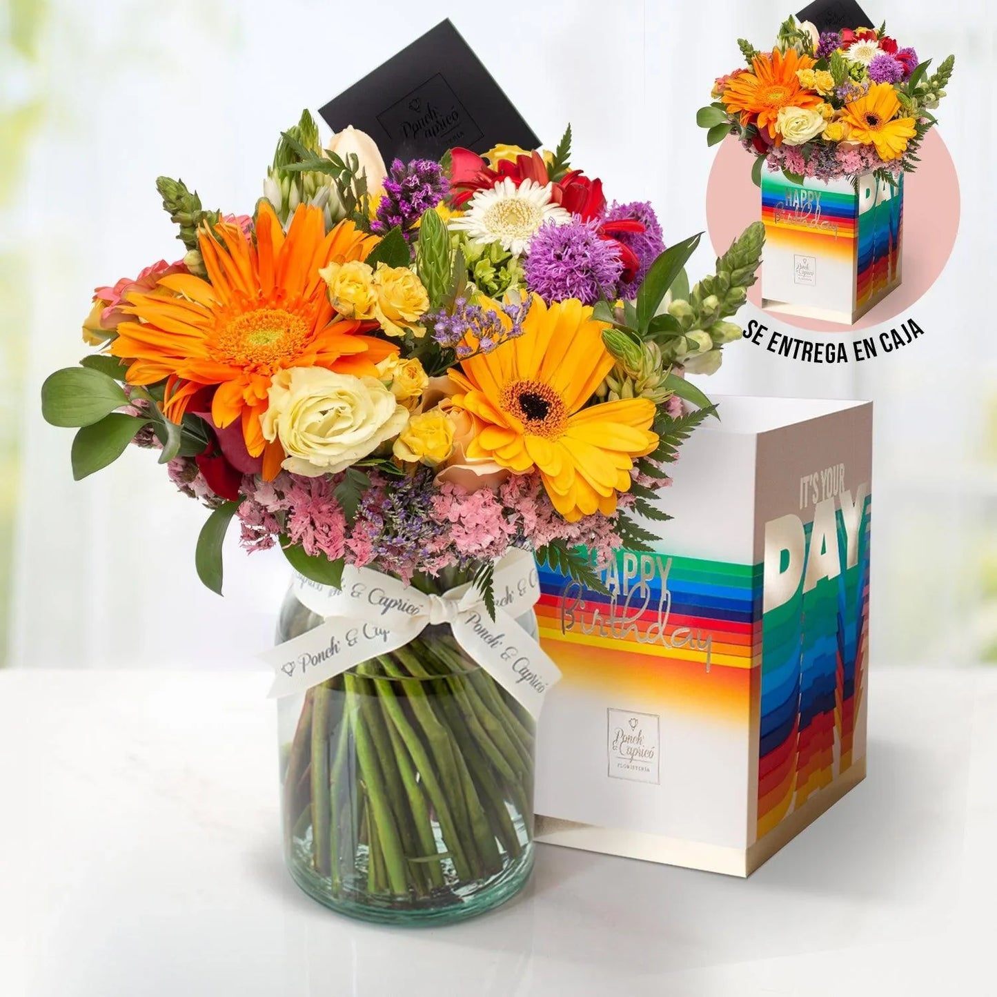 Arreglo floral de Gerberas Mix, Rosas, Boca de Dragón y Estate Morada -GI025-