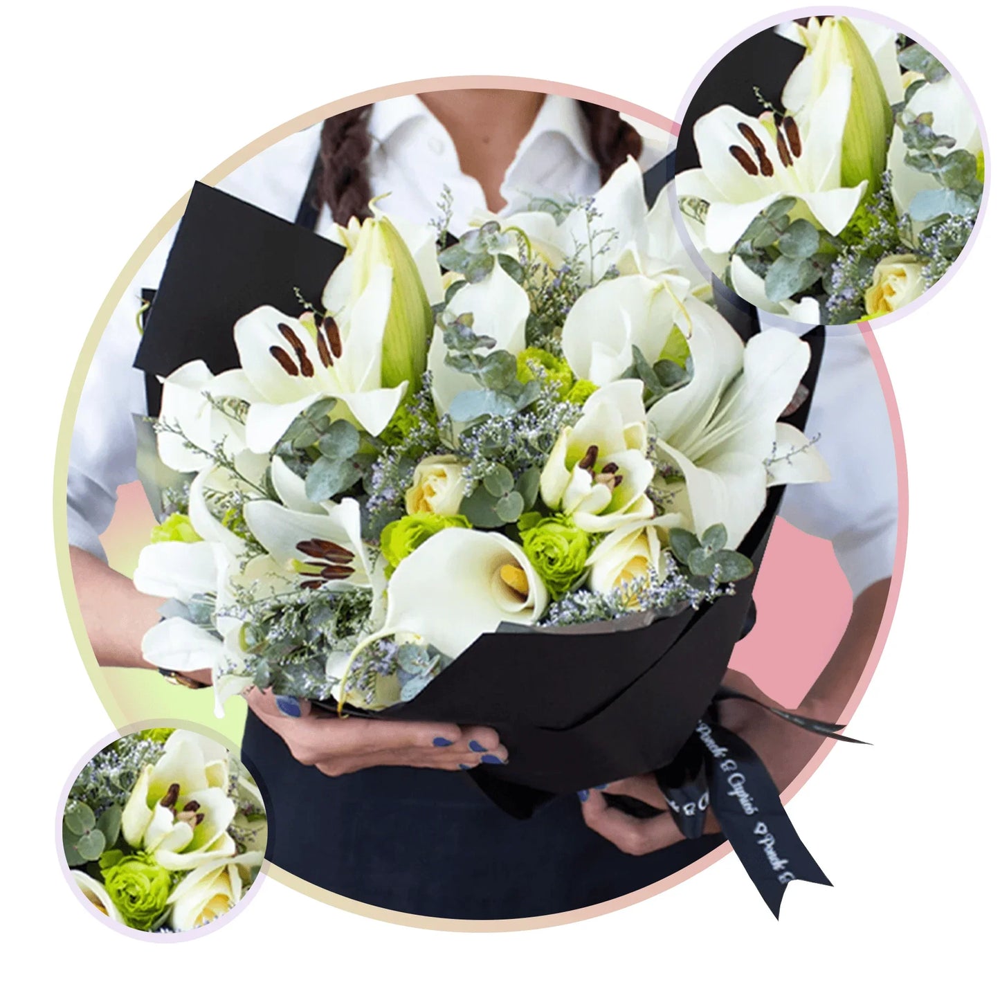 Lillies Blanco, Alcatraces, Lisianthus, Rosas, Limonio y Eucalipto. Floreria Ponch y Caprico