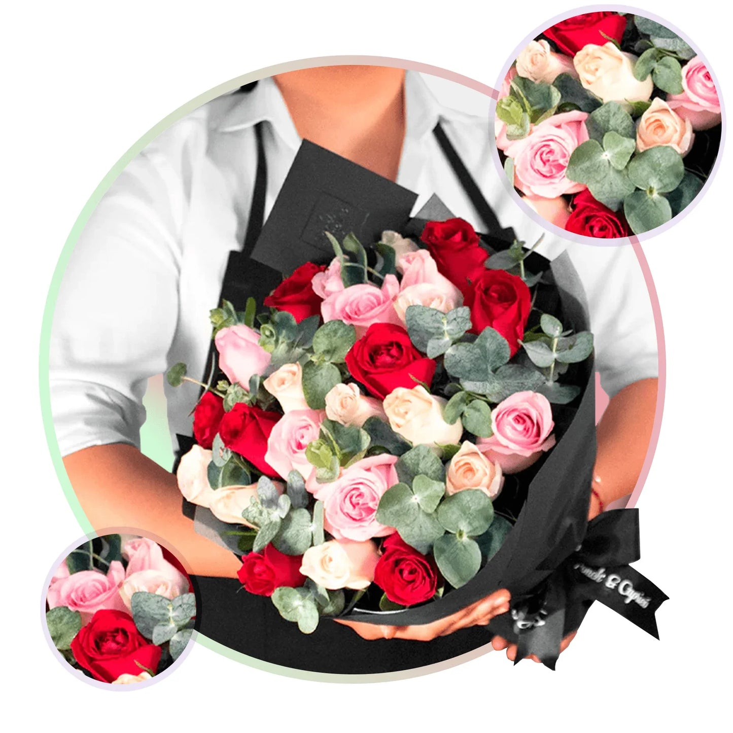 Bouquet Mix de 24 Rosas Surtidas -Rojas, Rosas, Beige-. Flores CDMX DF MEXICO Ponch y Caprico.