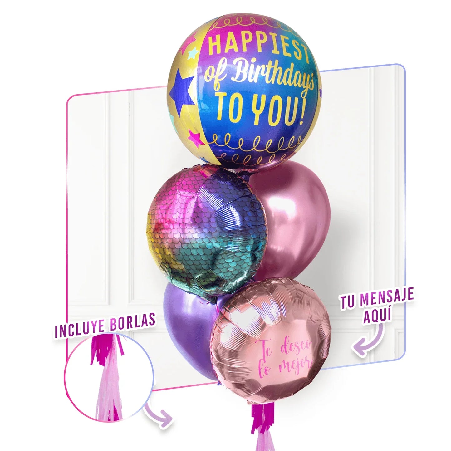 Bunch de Globos con Helio Personalizado - Happiest birthday to you -