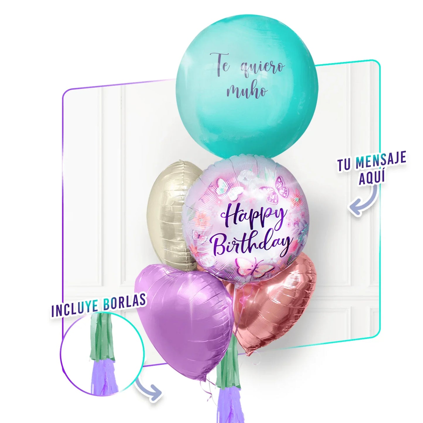 Bunch de Globos con Helio Personalizado - Butterflies Birthday -