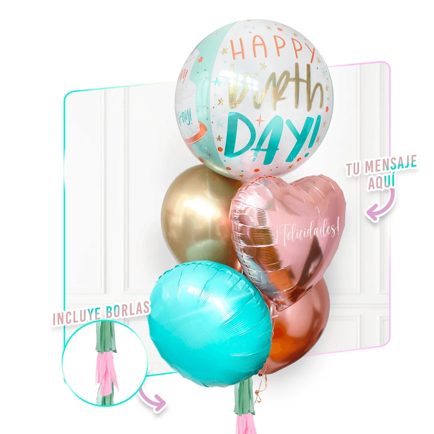 Bunch de Globos con Helio Personalizado - Birthday Cake -
