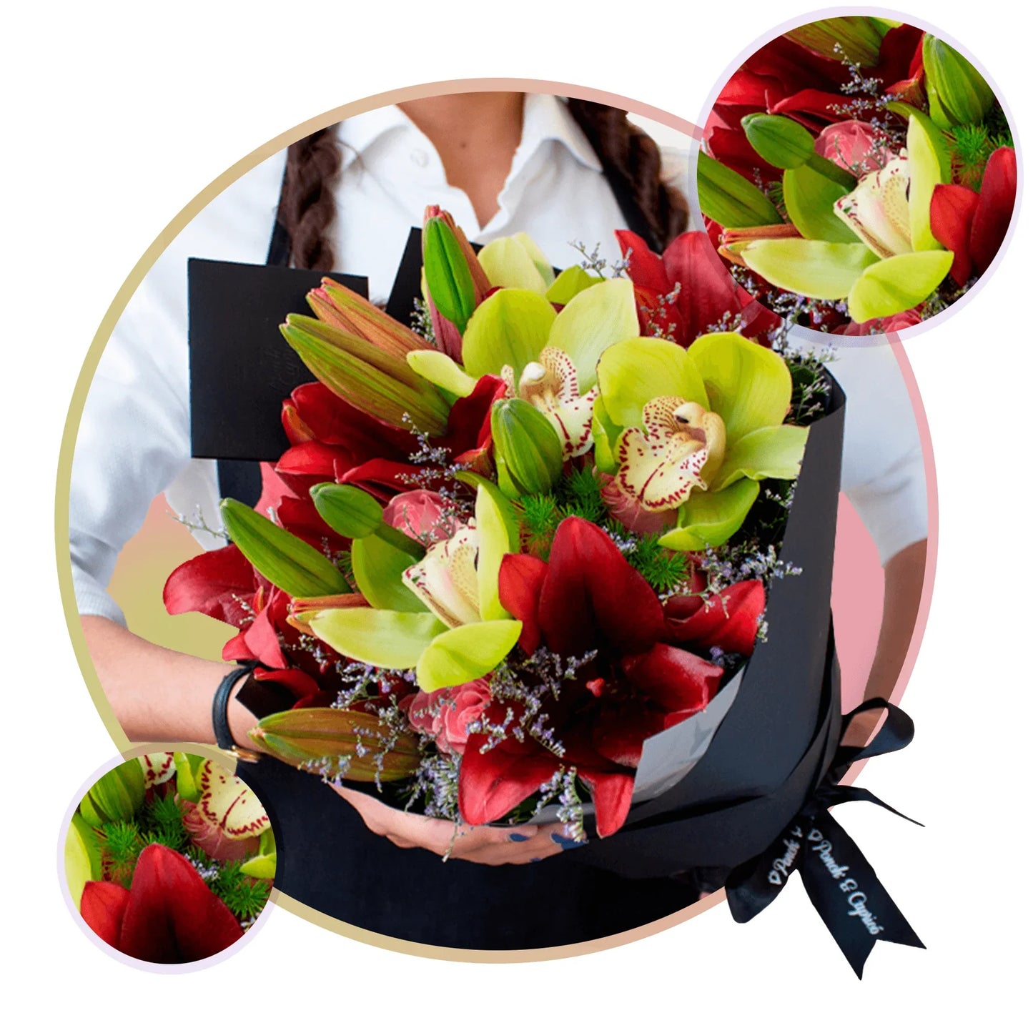 Orquídeas, Lillies Vino, Rosas, Minfer y Limonio. Flores CDMX DF Mexico Ponch y Caprico.