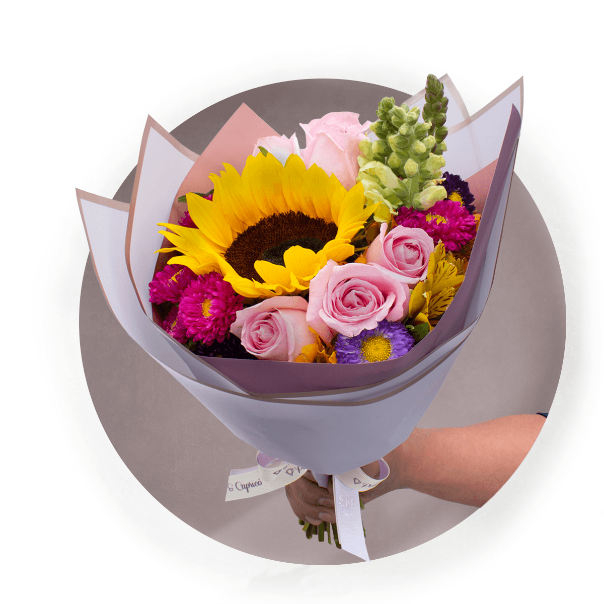 Ramillete de Girasol, Rosa Caricia Rosada y Dragón Amarillo Perrito - PRAM028