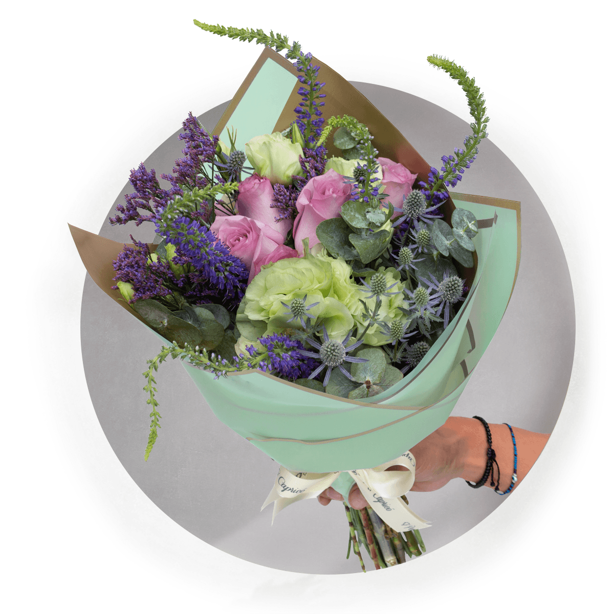 Ramo de Rosas Lilas, Lisianthus Limón y Verónica - PRAM036