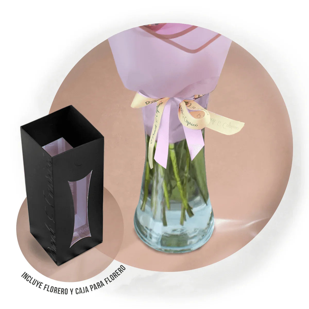 Lindo ramillete atado a mano de Mini Rosas Naranja, Lillies, Rosas Rosada, Rosas Fucsia, Espuma, Verónica y Limonio, envuelto en finos papeles y delicado moño de tela. Viene incluido florero de vidrio, y caja que cubre el florero (esta última únicamente en la presentación sencilla).