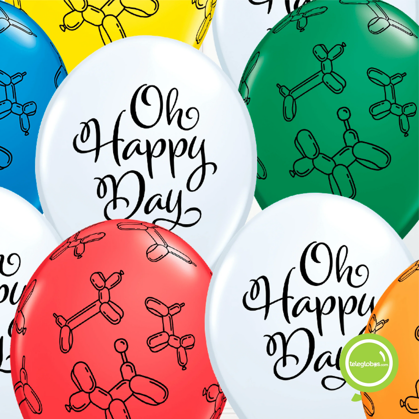 12 globos inflados con helio -Perritos de globo y Oh Happy Day- Bio* -RAC010- | Globos y Regalos Teleglobos.com.mx.