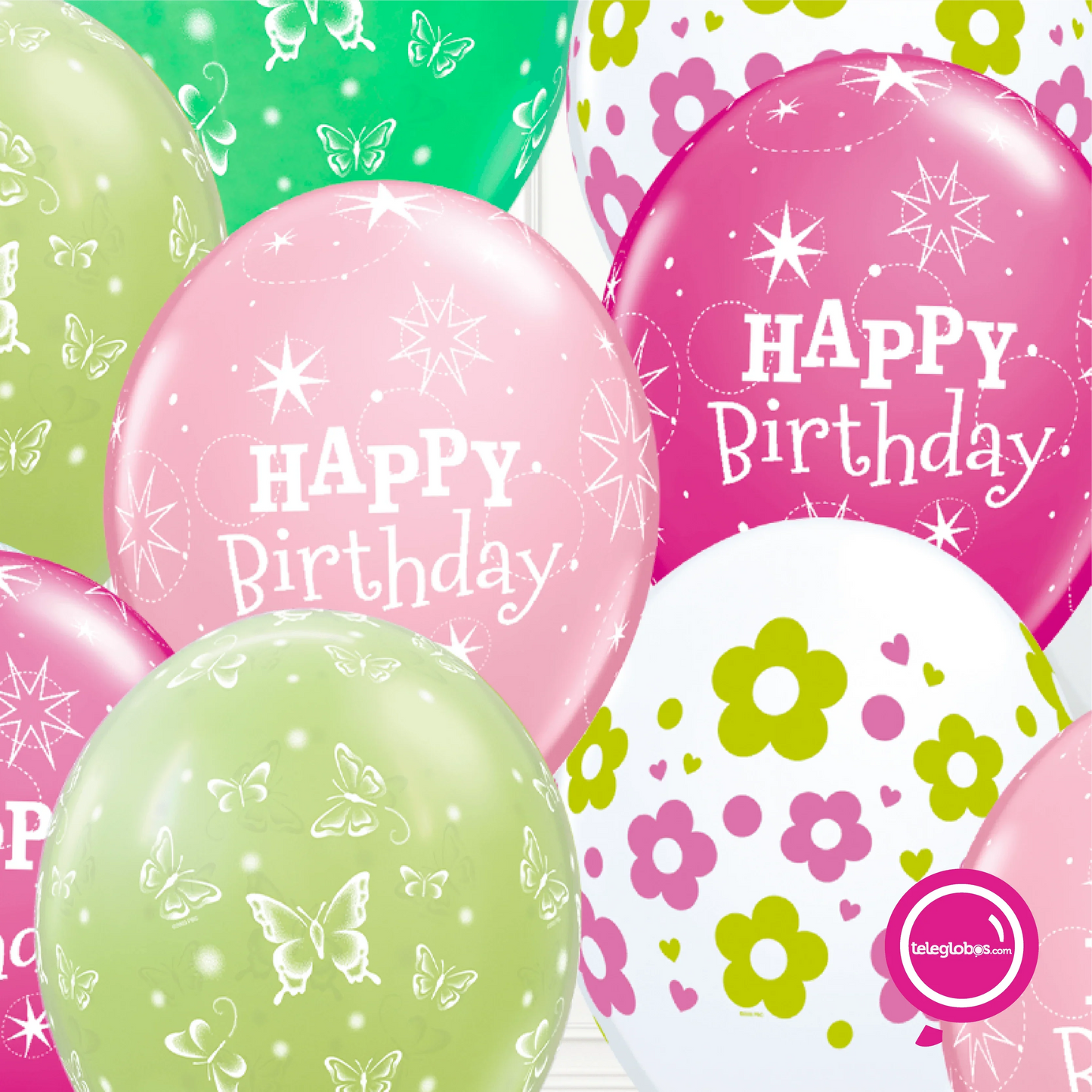 12 globos inflados con helio -Birthday, flores y mariposas- Bio* -RAC012- | Globos y Regalos Teleglobos.com.mx.