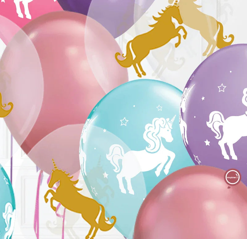 14 mit Helium aufgeblasene Luftballons -Unicorns Carousel- Bio*