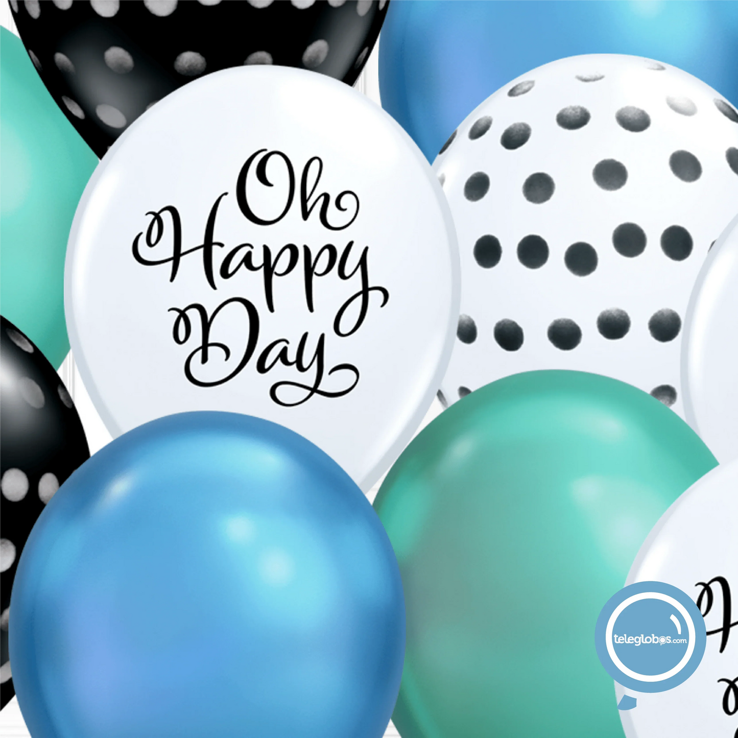 12 globos inflados con helio -Oh Happy Day/Cromo/B&W Caballero- Bio* -RAC023- | Globos y Regalos Teleglobos.com.mx.