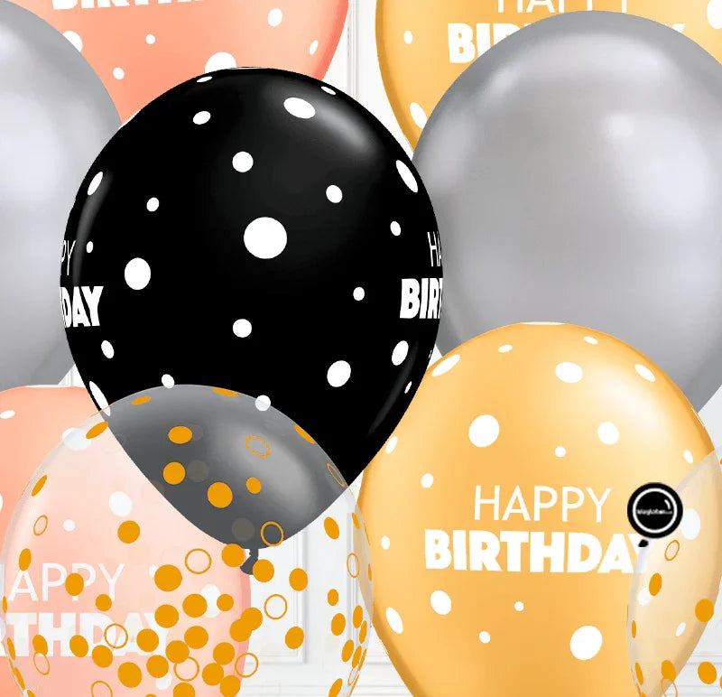 12 globos inflados con helio -Birthday Lunares Dama- Bio* -RAC005- | Globos y Regalos Teleglobos.com.mx.