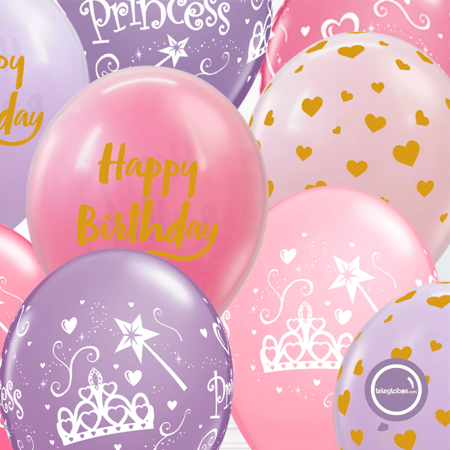 12 globos inflados con helio -Princess/Happy Birthday- Bio* -RAC008- | Globos y Regalos Teleglobos.com.mx.