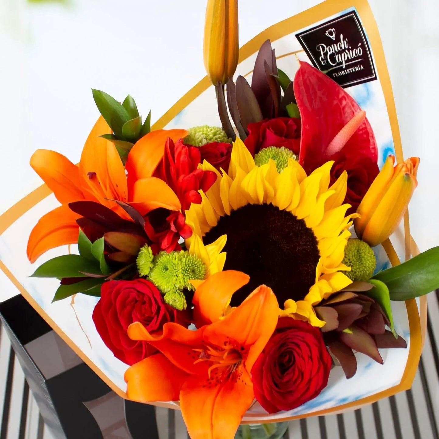 Sonnenblume, Anthurien, Rosen, Lilien, Safari-Blumenstrauß + Ballon-Blumenstrauß -SET031-