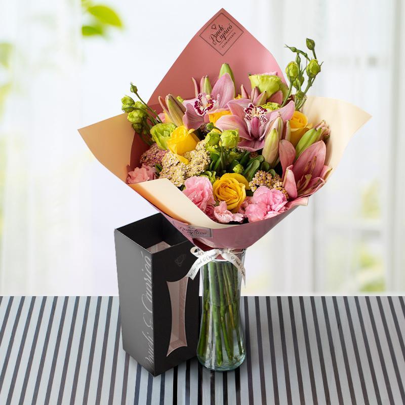 Orchideenstrauß, Rosen, Lianthus und Lillies + Bouquet von Geburtstagsballons -set010-