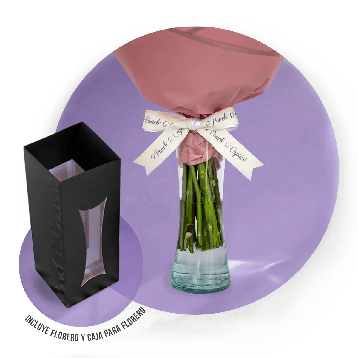 Ramillete de Rosas Fucsia Topaz, Rosas Blancas, Gerbera Magenta, Lisianthus Pecoté Morado y Estate Rosa - PRAM047 -