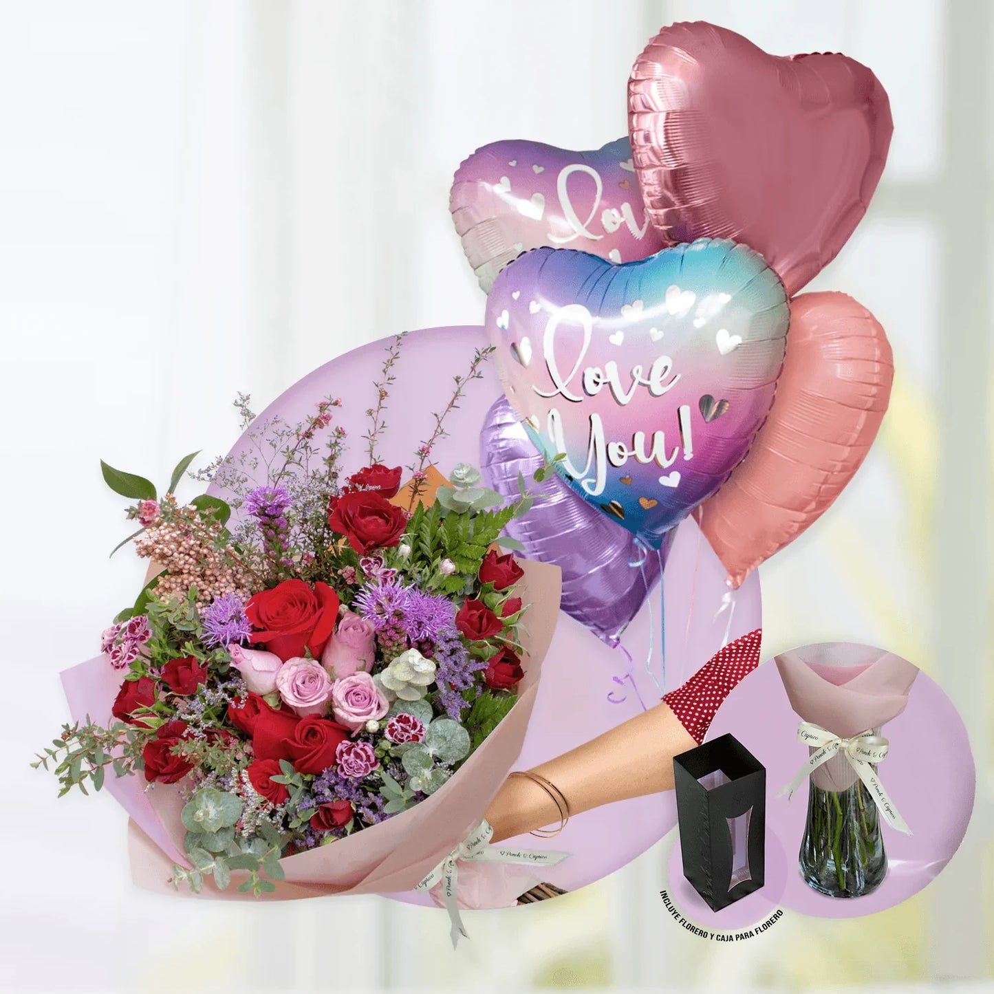 Ramo de Rosas Lilas, Rosas Rojas, Mini Rosa Roja y Limonio Morado - PRAM043 -