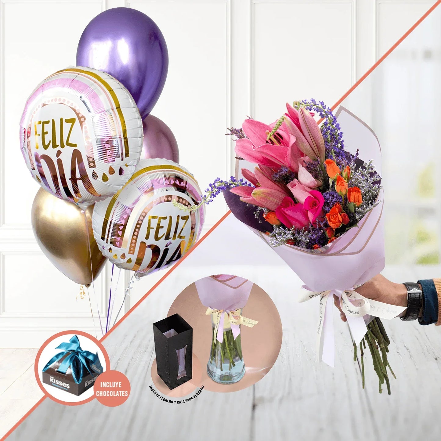 Ramillete de Mini Rosa Naranja, Lillies y Rosa Fucsia + Bouquet de Globos -SET037-