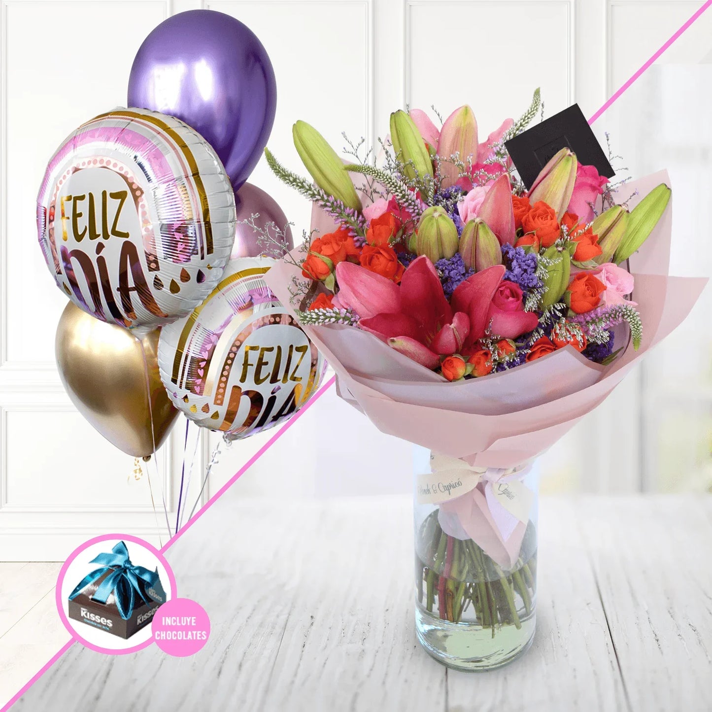 Ramillete de Mini Rosa Naranja, Lillies y Rosa Fucsia + Bouquet de Globos -SET037-