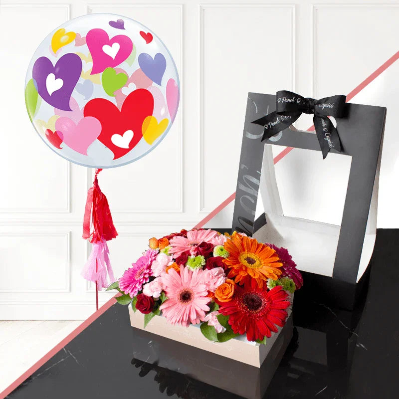 Panier de Gerberas et Mini Roses + Coeurs Bulles -SET008-