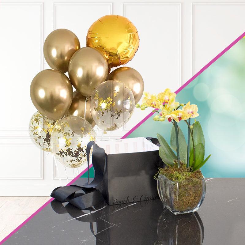 Orquídea Mini con Racimo de globos con helio cromo -SET005-