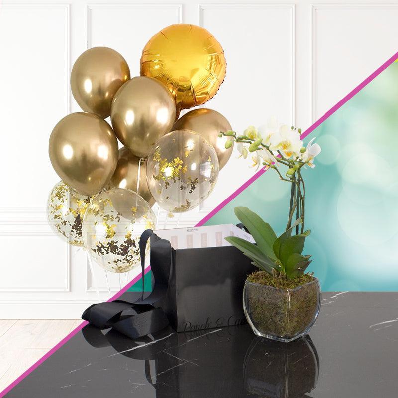 Мини-орхидея с группой хромированных гелиевых шаров -SET005-