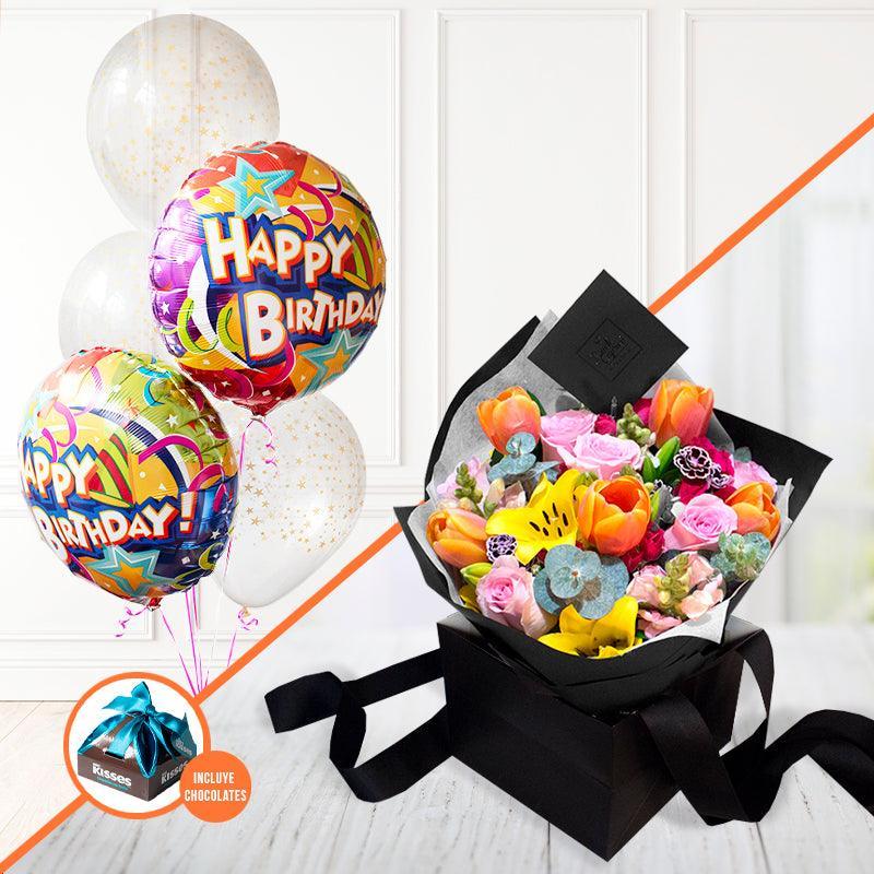 Bouquet of tulips, lillies, roses and mini roses + bouquet of balloons birthday stars -set009-
