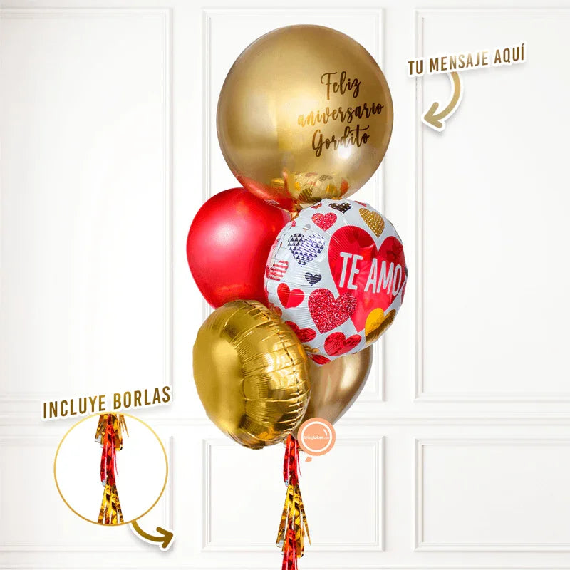 Arreglo floral de 12 Rosas, Clavellina y Alstromelias + Bunch de Globos Personalizado