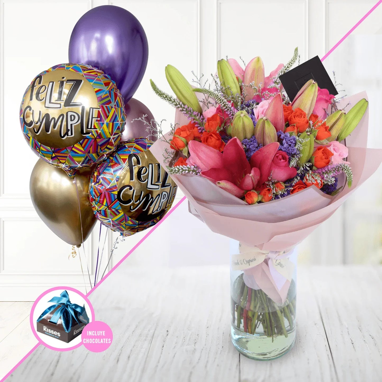 Ramo de flores de Rosas Fucsia, Mini Rosas Naranja y Lillies Rosas -en florero- Alameda