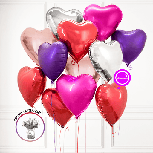12 globos de corazones mix con helio