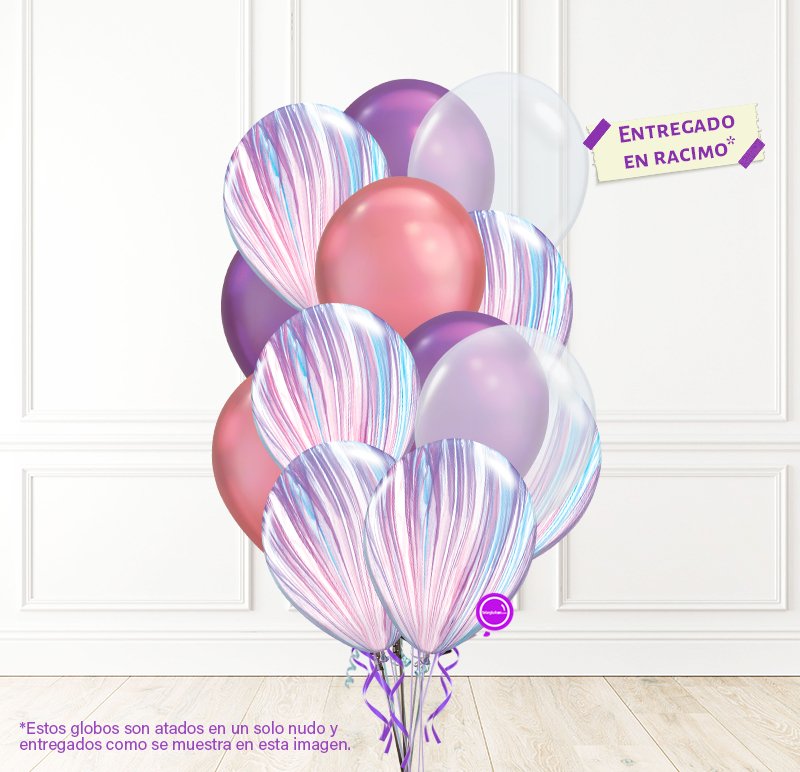 12 Globos Látex con helio Ágata, Cromo y Transparente