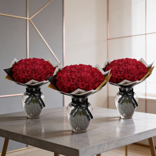 Set de 300 Rosas Rojas en 3 Ramos y Floreros (50, 100 y 150)