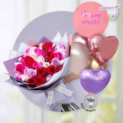 50 Rosas Rosa Pálido, Lilas, Magenta y Rojas en Ramillete + Bunch de Globos con Helio personalizado - Happy Birthday - -SET059-