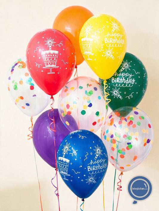 9 Multicolored Birthday Latex Balloons -Pastel-