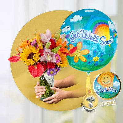 Arreglo de Rosas Rojas, Orquídeas, Anturios, Girasoles y Lillies + Burbuja Get Well Soon -SET046-