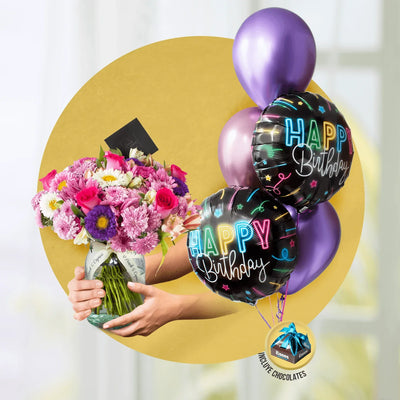 Arreglo floral  + Bouquet de Globos ¡Feliz Cumpleaños! -SET022-
