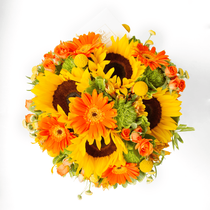 Arreglo Floral de Girasoles, Gerberas Naranjas, Mini Rosas Naranja y Alstromelia Amarilla + Bouquet de Globos Inflados con Helio -SET074-
